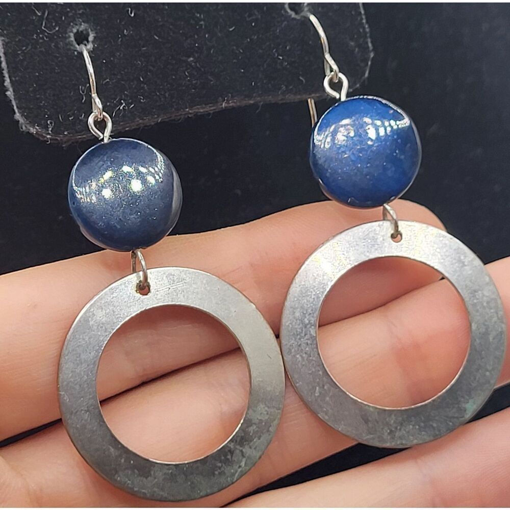 Fashion Blue Shell Silver Dangle Hoop Earrings 2.5in